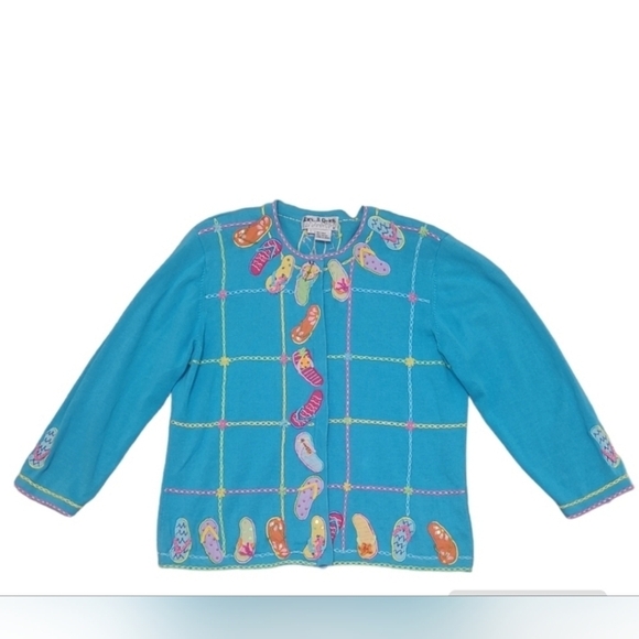 Jack B Quick Embroidered Blue Pink Yellow Cardigan Size Large - Picture 9 of 11